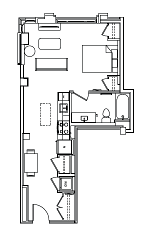 Floor plan for studio, 1 bath, 571 sqft